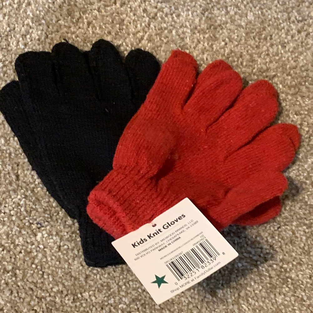 (2) set of kids gloves black and red.